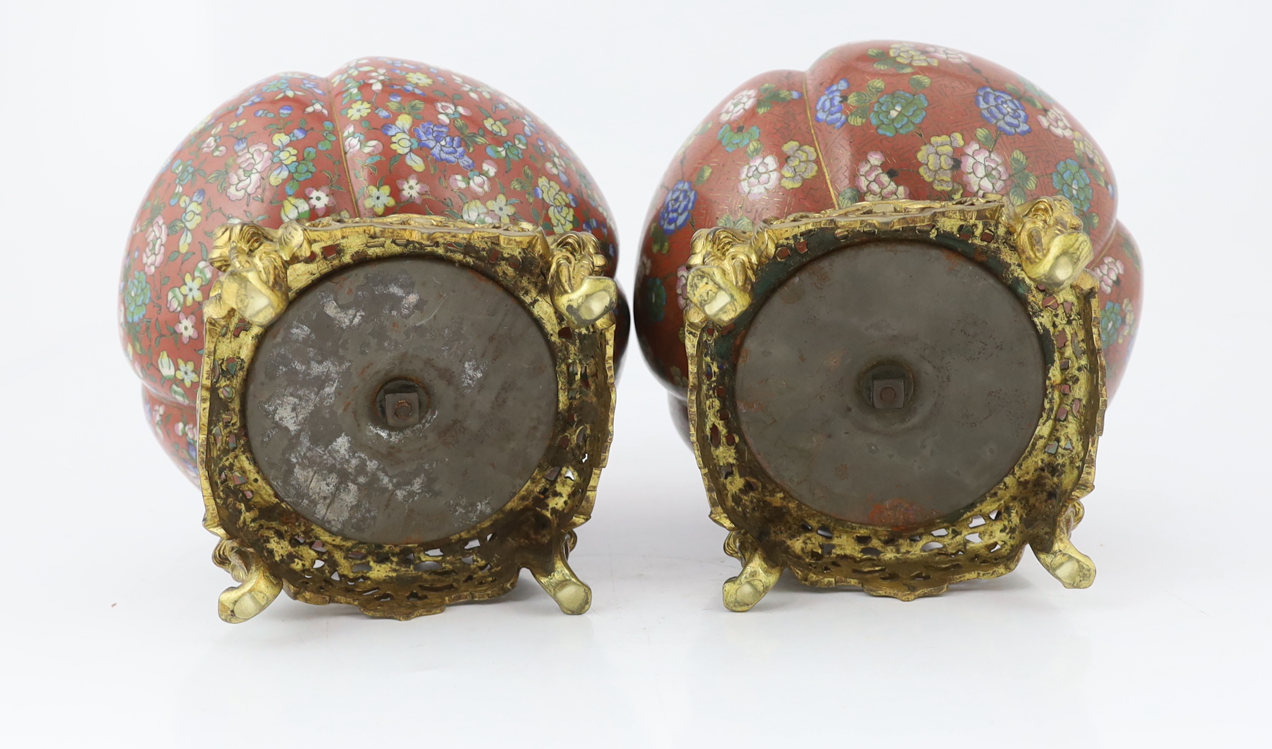 A near pair of Chinese cloisonné enamel and gilt bronze jardinieres, 19th century